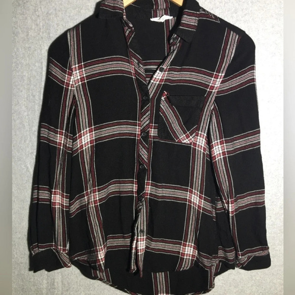 Womens Beachlunchlounge Button Up Shirt Plaid Black Red Fall Winter Casual - Picture 1 of 5